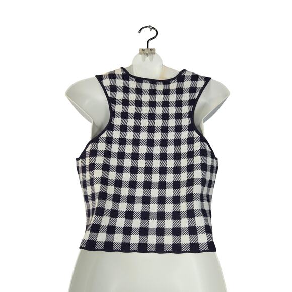 Staud Womens Large Trail Top Cropped Knit Tank Gingham Check Navy Blue Cropped - Picture 4 of 10